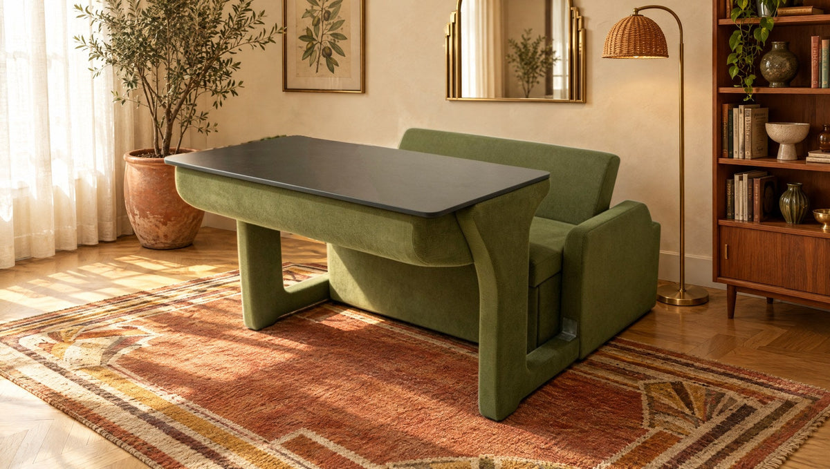Fauteuil Trivelle en mode bureau, tissu vert olive