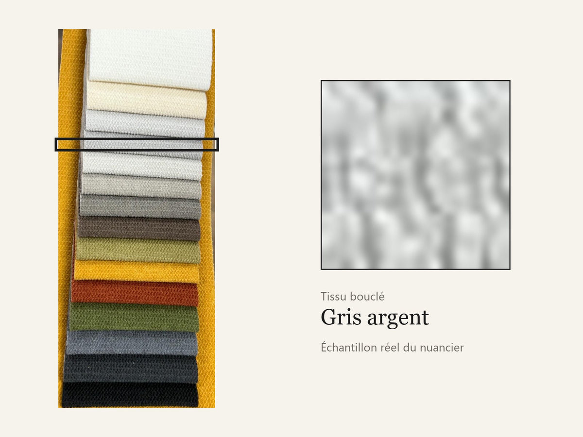 Trivelle tissu bouclé gris argent, échantillon réel du nuancier