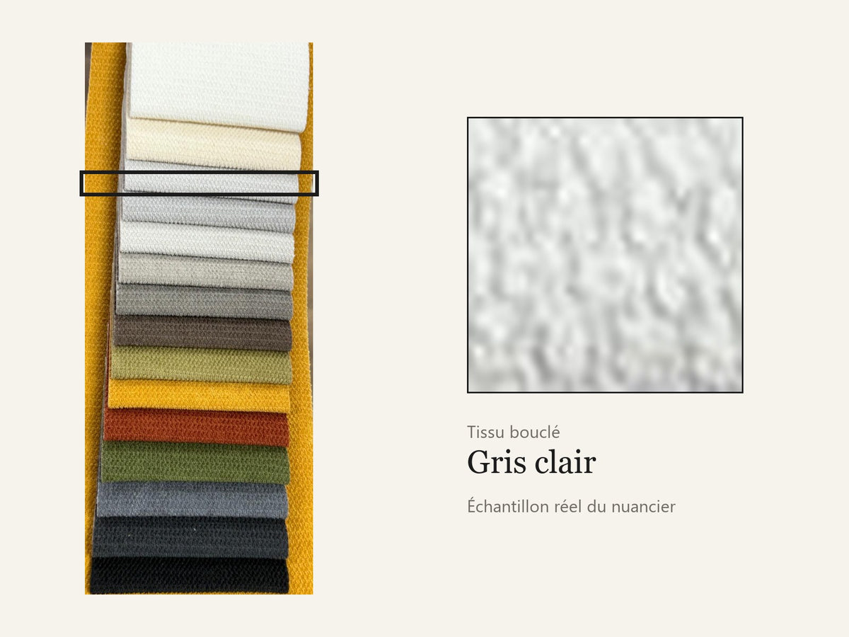Trivelle tissu bouclé gris clair, échantillon réel du nuancier