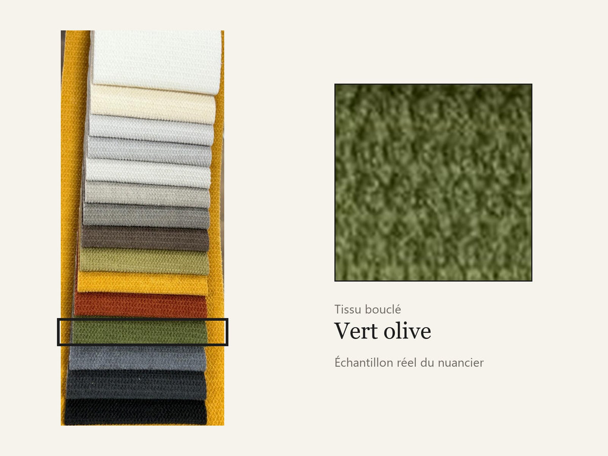 Trivelle tissu bouclé vert olive, échantillon réel du nuancier
