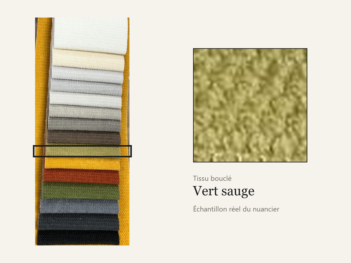 Trivelle tissu bouclé vert sauge, échantillon réel du nuancier