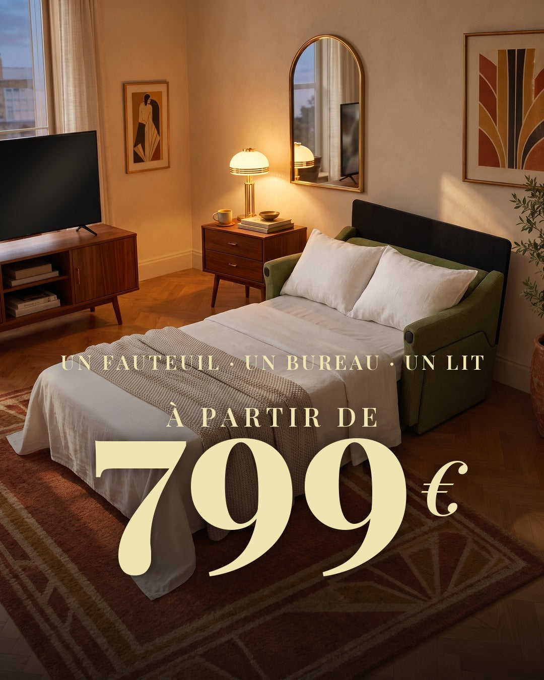 Un fauteuil, un bureau, un lit, à partir de 799 euros