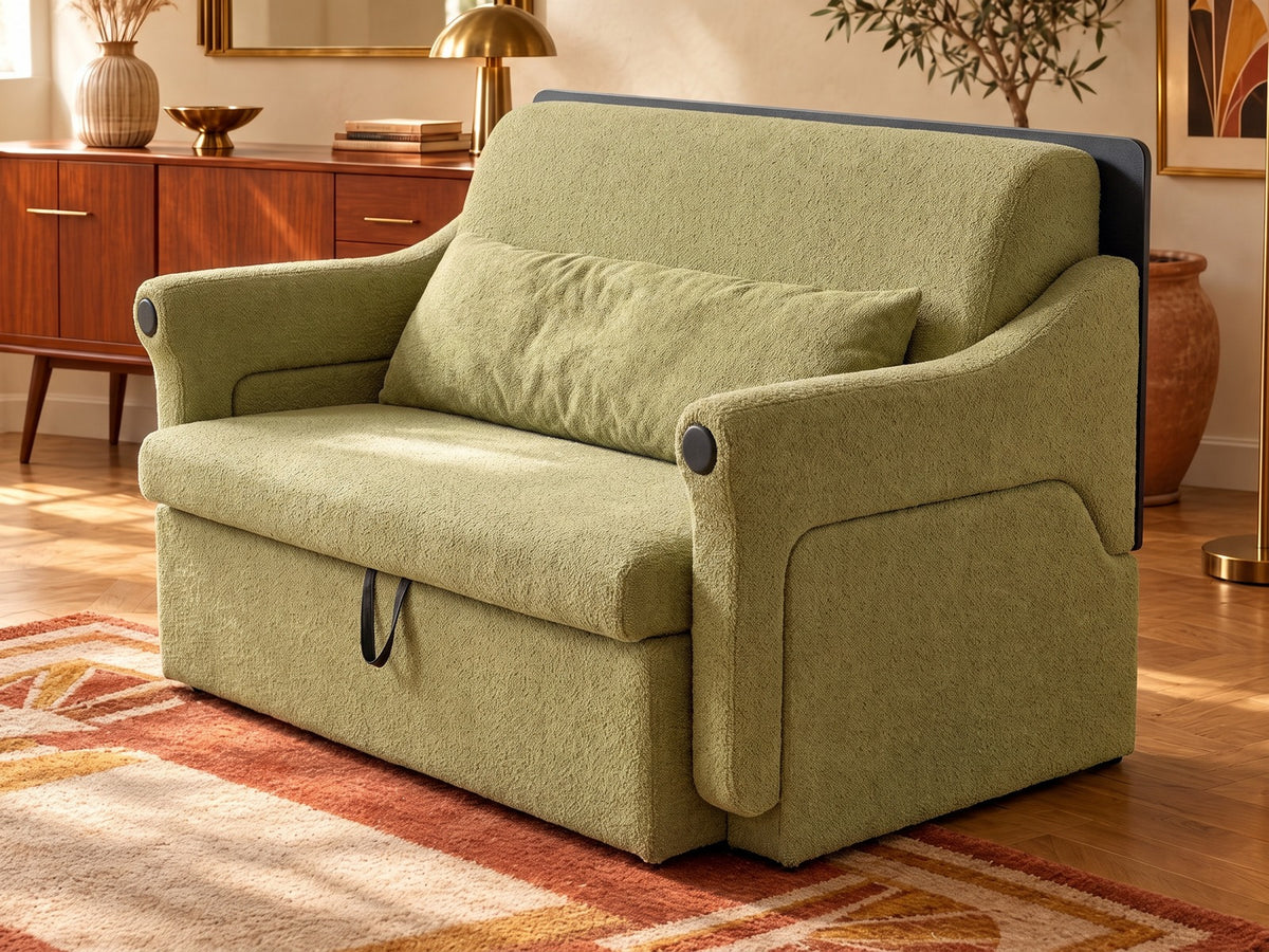 Trivelle tissu bouclé vert sauge, mode fauteuil