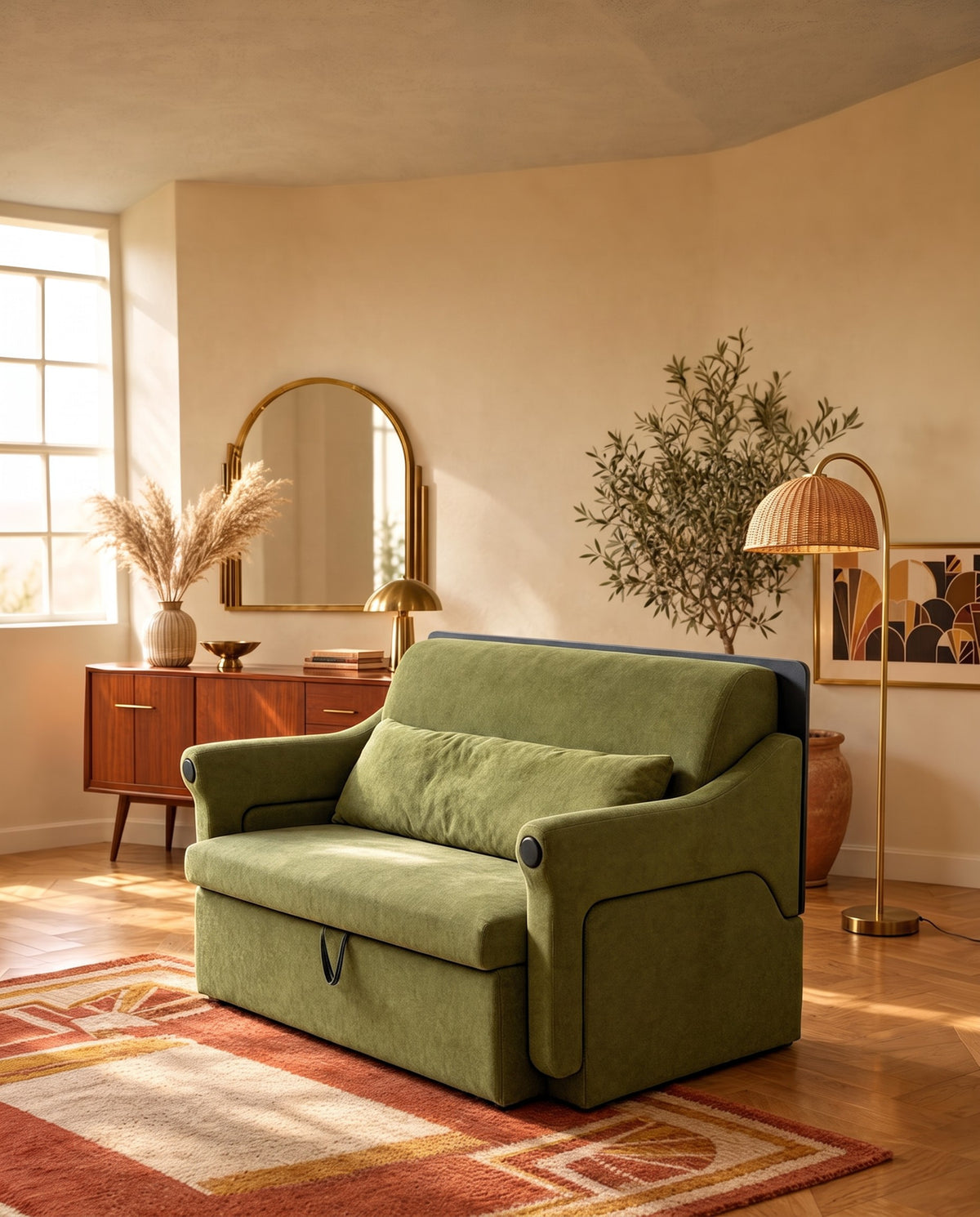 Fauteuil Trivelle tissu vert olive dans un salon mid-century
